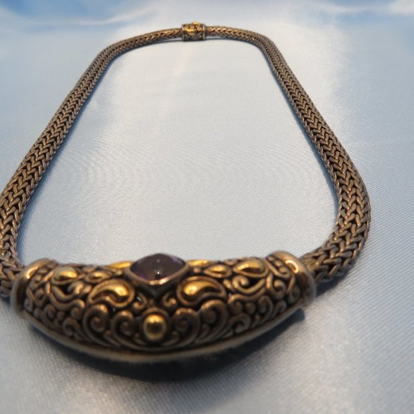 18k Gold & Sterling Silver Amethyst Cable Inspired Design Necklace - Picture 3 of 6